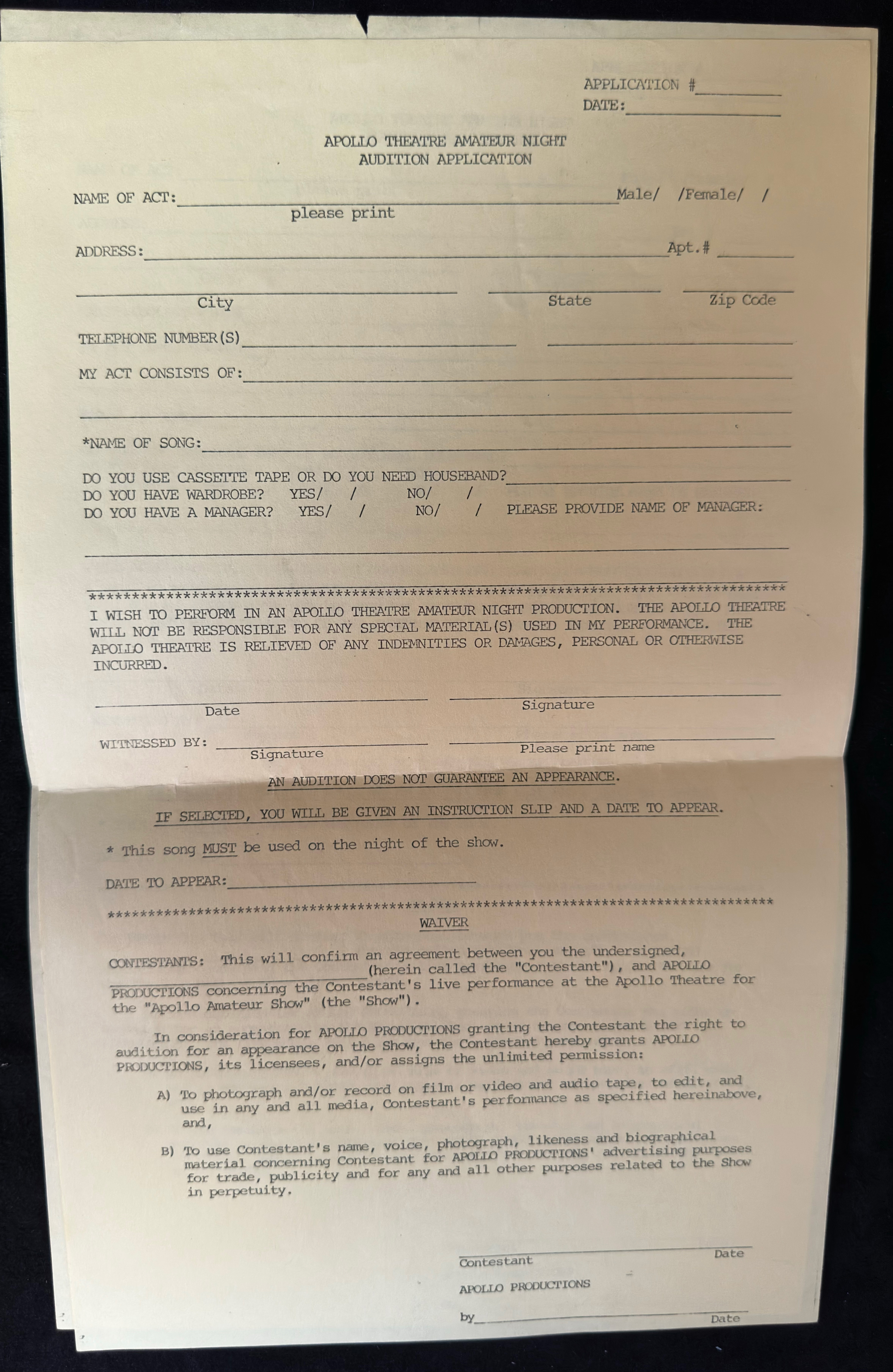 Apollo audition application held in the archive.